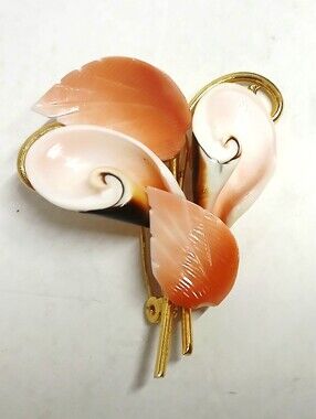 Vintage Peach Shell Floral Brooch with Gold Tone Accents